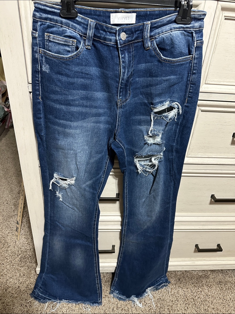Velvet Distressed Dark Blue Flare Jeans